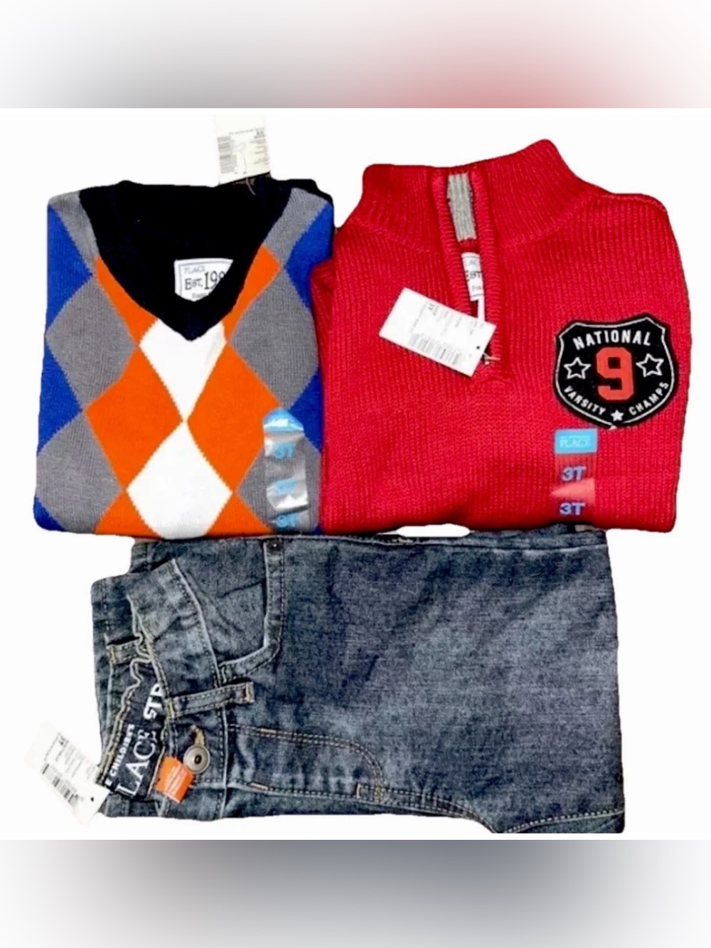 NWT Boys 3T Clothes Bundle The Childrens Place Argyle Sweater Red Pullover Jeans